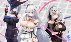 3girls a411238753 absurdres alternate_costume arknights arm_under_breasts bare_shoulders black_bow black_dress black_gloves black_headwear blue_dress bow breasts chinese_commentary cleavage closed_mouth commentary_request cup detached_collar dress drinking_glass earrings elbow_gloves formal gladiia_(arknights) gloves hair_ornament hairbow hand_up hat highres holding holding_cup jewelry large_breasts multiple_girls nipples off-shoulder_dress off_shoulder orca_hair_ornament pointy_ears ponytail red_eyes silver_hair skadi_(arknights) skadi_the_corrupting_heart_(arknights) smile specter_(arknights) thigh_strap white_dress white_gloves white_headwear wine_glass