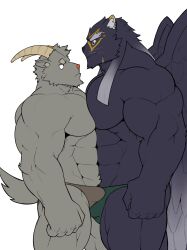 abs anthro black_body black_fur bovid bulge bulge_frottage caprine clothing duo eyebrows felid fur goat grey_body grey_fur hi_res horn lifewonders male male/male mammal mephistopheles muscular muscular_anthro muscular_male newgeimuplus pantherine pecs pecs_touching salomonkun tezcatlipoca thick_eyebrows thong tokyo_afterschool_summoners underwear video_games