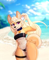 beach blonde_hair canine fluffy fluffy_tail gold gris_swimsuit inku inkutheshibainu outside shiba shiba_inu shiny_skin small_waist thick_thighs