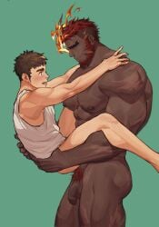 2boys abs baimeme baimeme1 balls bandaid bandaid_on_nose bara barazoku beard biceps black_hair blush carrying carrying_person closed_mouth daddy dark-skinned_male dark_skin erect_nipples eyebrow_cut facial_hair flaccid flaming_eye gay hephaestus_(tokyo_afterschool_summoners) highres human human_only imminent_anal imminent_penetration interracial large_pectorals looking_at_another male male/male male_focus male_nipples male_only male_pubic_hair mature_male multiple_boys muscular muscular_male naked_shirt nipples nude open_mouth pectorals penis protagonist_(tokyo_afterschool_summoners) protagonist_1_(tokyo_afterschool_summoners) pubes pubic_hair red_hair scar scar_on_chest shirt short_hair sideburns size_difference standing_male tokyo_afterschool_summoners undercut white_shirt yaoi