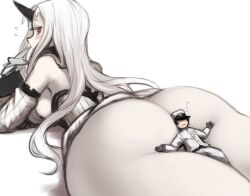 1boy abyssal_ship admiral_(kantai_collection) ass bare_shoulders between_buttocks blush breasts claws detached_sleeves dress female finger_to_mouth flying_sweatdrops giant giantess head_on_ass horns jacket kantai_collection large_breasts long_hair looking_back lying military military_uniform naval_uniform on_stomach oni pale_skin red_eyes ribbed_dress seaport_hime shadow sideboob simple_background single_horn size_difference straight uniform utopia white_background white_dress white_hair white_jacket wide_sleeves zzz