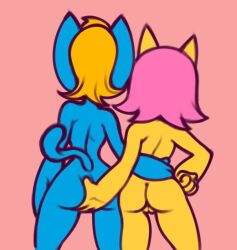 2022 anthro anthro_on_anthro ass blonde_hair blue_body butt_grab canid canine chipposter domestic_cat duo faceless_character faceless_female felid feline felis female female/female fox genitals grope hair hand_on_butt katy_kat mammal nude parappa_the_rapper paula_fox pink_hair pussy rear_view sony_corporation sony_interactive_entertainment standing um_jammer_lammy video_games waist_grab yellow_body