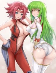 2girls :o ass bangs blue_eyes blush bodysuit breasts c.c. cleavage code_geass cowboy_shot eyebrows_visible_through_hair female female_only gloves green_hair hair_intakes hand_in_hair hand_on_hip hand_up headband kallen_stadtfeld large_breasts leotard leotard_pull long_hair long_sleeves looking_at_viewer looking_back medium_breasts multiple_girls navel parted_lips r-binon red_bodysuit red_hair short_hair sleeveless straight_hair thighhighs unzipped very_long_hair white_gloves white_legwear white_leotard yellow_eyes