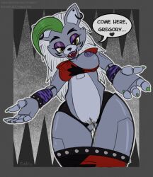 2022 animatronic anthro areola arms_out armwear bedroom_eyes bodily_fluids bottomwear bottomwear_down bracelet breasts canid canine canis claws clothed clothing colored dialogue ear_piercing english_text facial_markings fangs female five_nights_at_freddy's five_nights_at_freddy's:_security_breach furnut furry furry_only genital_fluids genitals hair head_markings heart hi_res jewelry jupiterorange long_hair machine mammal markings narrowed_eyes nipples one_breast_out pants pants_down partially_clothed piercing pussy pussy_juice robot roxanne_wolf_(fnaf) scottgames seductive signature smile solo speech_bubble spiked_bracelet spikes text video_games wolf