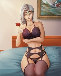 bed bedroom black_bra black_lingerie black_panties black_thighhighs gray_hair green_eyes light-skinned_female light_skin lingerie milf mobile_legends mobile_legends:_bang_bang red_zian thick_hips thick_thighs thighhighs valentina_(mobile_legends) wine wine_glass