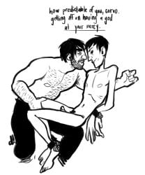 2boys abs ankle_cuffs ankles_tied arm_hair beard big_dom_small_sub black_and_white black_eyes chest_hair cuffs dark_hair dishonored dishonored_2 dominant_male dreadnsfw gay hands_behind_back hands_tied height_difference legs_apart legs_held_open legs_spread legs_together looking_at_another male male/male male_focus male_only manacles navel nipples open_legs partially_clothed pecs pectorals penis penis_out restrained shirtless short_hair size_difference smaller_male speech_bubble spread_legs submissive_male thighs