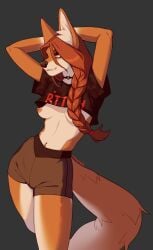 2022 anthro areola braided_hair breasts brown_hair canid canine clothed clothing digital_media_(artwork) eyebrows eyelashes female hair hi_res junie_cuties mammal nipples simple_background solo yellow_eyes