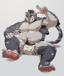 2022 5:6 absurd_res anthro belly bulge clothing facial_piercing felid hi_res humanoid_hands jumperbear kemono male mammal moobs navel nipples nose_piercing nose_ring overweight overweight_male piercing simple_background sitting solo underwear