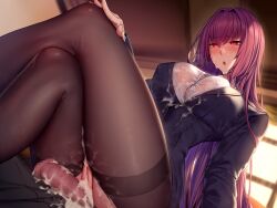 1boy after_sex black_skirt blush breasts business_suit button_gap buttons censored classroom collared_shirt commentary_request crossed_legs cum cum_in_pussy cum_on_body cum_on_breasts cum_on_clothes desk dress_shirt facial fate/empire_of_dirt fate/grand_order fate_(series) female flaccid formal game_cg glasses hair_intakes long_hair lun7732 motion_blur open_mouth pantyhose penis purple_hair red_eyes scathach_(fate) school shirt skirt skirt_suit smile solo_focus straight suit taut_clothes taut_shirt teacher thighband_pantyhose torogao very_long_hair