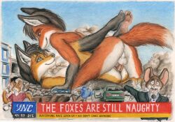 anthro anthro_on_anthro ass balls building canid canine city destruction destructive_sex detailed_background digital_drawing_(artwork) digital_media_(artwork) duo erection feet female fox from_front_position genitals hi_res humanoid_genitalia humanoid_penis lying macro male male/female mammal micro missionary_position mouse murid murine news news_report nude on_back outside penis pussy rodent sex sex_giants soles syntech