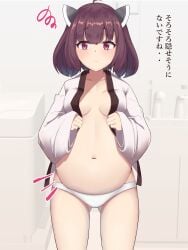 blush brown_hair cevio female female_only hair_ornament haori japanese_text looking_away medium_hair midori_shinon no_bra panties pink_eyes pregnant small_breasts solo touhoku_kiritan voiceroid white_panties