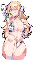 1girls alternate_breast_size belly belly_button bikini bikini_bottom bikini_top blonde_hair blush cleavage cow_bikini cow_print cynthia_(pokemon) enpe female female_only grey_eyes hair_over_one_eye hairclip hips huge_breasts large_breasts legs_together long_hair looking_at_viewer plain_background pokemon pokemon_dppt simple_background small_waist smile smiling thick thick_thighs thighs thin_waist thong_bikini waist white_background wide_hips