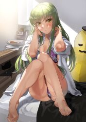 1girls bangs bare_legs barefoot blonde_hair blush bra breasts brown_eyes c.c. cheese-kun cleavage clothing code_geass female floral_print green_hair indoors knees_together_feet_apart knees_up light_particles long_hair looking_at_viewer matching_underwear open_clothes open_shirt panties pizza_hut plate purple_bra purple_panties shelf shirt sitting sleeves_rolled_up solo tipii underwear white_shirt yellow_eyes