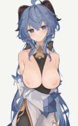 1girls ahoge aqua_hair areolae bare_shoulders bell bell_collar big_breasts blue_eyes blush bodysuit breasts breasts_out collar cute exposed_breasts female female_only ganyu_(genshin_impact) genshin_impact hair_between_eyes head_tilt heart-shaped_pupils highres horns large_breasts long_hair mikozin nipples presenting presenting_breasts smile solo sweatdrop uniform white_background