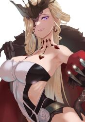 1girls arm_gloves armpits blonde_hair breasts busty cleavage clothing collarbone crystal curvy dai00888 earring earrings female female_focus female_only fur-trimmed_coat fur-trimmed_jacket fur_trim genshin_impact gloves hair_over_one_eye hand_on_hip human large_breasts looking_down mask_over_one_eye milf purple_eyes signora_(genshin_impact) sleeveless sleeveless_dress smile smiling sparkling very_long_hair white_skin white_skinned_female wide_hips