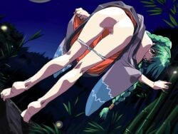 asgaldh ass bamboo braided_hair butt censored censored_pussy f-force flashing flashing_at_viewer flashing_pussy game game_cg green_hair kimono leaning_against_tree leaning_forward light-skinned_female mosaic_censoring night orange_eyes outdoors outside pale-skinned_female panties_around_legs panties_pulled_down pussy showing_ass showing_pussy twin_braids utatane_hiroyuki