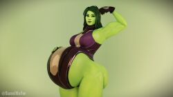 1girls 3d art_trade belly big_belly blender female fortnite green_hair green_skin marvel muscles muscular pregnant she-hulk solo sunninsfw