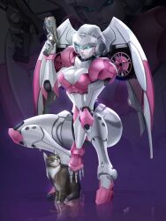 1girls alien alien_girl arcee athletic_female blue_eyes boobs bra breasts cat curvaceous curvy curvy_body curvy_female curvy_figure ex-01_nicee felox08 female gynoid medium_breasts pink_bra pistol robot robot_girl robot_humanoid thick_thighs tits transformers white_body