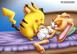 1boy 1girls 4_toes anthro bbmbbf bed bed_sheet bedroom bunny_ears cream_the_rabbit diamond_level feet female furry gloves headboard male mobius_unleashed mouth_open nintendo one_eye_closed orange_fur palcomix pietros_secret_club pikachu pillow pokémon pokémon_(species) pokemon pokemon_(species) pokephilia pokepornlive purple_bed_sheet rabbit sega sex soles sonic_(series) tongue tongue_out white_gloves yellow_fur