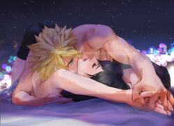 2d 2d_(artwork) black_hair blonde_hair closed_eyes cloud_strife couple cute drawn female final_fantasy final_fantasy_vii final_fantasy_vii_remake kissing kissing_neck neck_kiss passionate romance romantic romantic_couple sensual spykeee tifa_lockhart