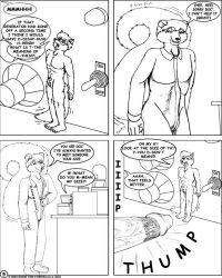 2003 animal_genitalia anthro balls biped bulge canid canine canis clothed clothing comic dci dialogue digital_drawing_(artwork) digital_media_(artwork) duo english_text genitals greyscale humanoid_genitalia humanoid_penis laboratory larger_male male male/male mammal micro mink monochrome mustelid musteline nude penis presenting presenting_penis sheath size_difference size_play smaller_male speech_bubble text true_musteline undressing wolf