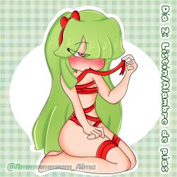 1girls cami_(fnafhs) embarrassed embarrassed_nude_female fhs fhsz3r0 fnafhs fnafhs_z3ro fnafhsrule34 green_hair long_hair red_eyes ribbon ribbons sitting sitting_down small_breasts sole_female