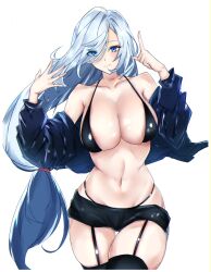 1girls abs absurd_res bare_shoulders belly_button big_breasts bikini bikini_top black_bikini blue_eyes blush breasts cleavage collarbone female genshin_impact gotou_fundoshi hair_over_one_eye hi_res highres hips huge_breasts jacket large_breasts long_hair looking_at_viewer midriff plain_background shenhe_(genshin_impact) short_shorts shorts shoulders simple_background slim_waist small_waist smile solo thick thick_thighs thigh_gap thigh_highs thigh_strap thighhighs thighs waist white_background white_hair wide_hips