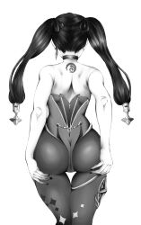 ass big_ass big_butt black_hair fixelboy genshin_impact mona_(genshin_impact) monochrome pantyhose thick_thighs thighhighs tight_clothing twintails