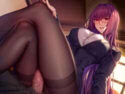 1boy bespectacled black_skirt breasts business_suit button_gap buttons censored classroom collared_shirt commentary_request crossed_legs crossed_legs_thighjob desk dress_shirt fate/empire_of_dirt fate/grand_order fate_(series) female formal game_cg glasses hair_intakes long_hair lun7732 motion_blur open_mouth pantyhose penis purple_hair red_eyes scathach_(fate) school shirt skirt skirt_suit smile solo_focus straight suit taut_clothes taut_shirt teacher thigh_sex thighband_pantyhose very_long_hair