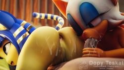 1boy 2girls 3d 3d_(artwork) 3d_model after_anal ahe_gao animal_crossing ankha ankha_(animal_crossing) ankha_(zy0n7) anthro artist_name ass_to_mouth blue_hair crossover cum dopyteskat doubutsu_no_mori fellatio fur furry_only gaping_anus human human_on_anthro nairu_(doubutsu_no_mori) nintendo oral pussy rouge_the_bat sega short_hair sonic_(series) watermark yellow_body yellow_fur zy0n7