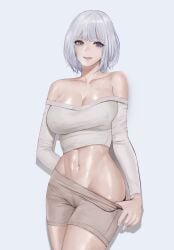 abs absurdres bare_shoulders breasts cleavage covered_nipples female gcg girls'_frontline highres leggings leggings_pull long_sleeves looking_at_viewer navel off-shoulder_shirt off_shoulder purple_eyes rpk-16_(girls'_frontline) seductive_smile shirt short_hair skin_tight skindentation smile solo white_background white_hair