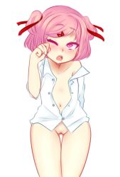 1girls blush buttoned_shirt doki_doki_literature_club female female_only lovesicepick natsuki_(doki_doki_literature_club) no_panties no_panties_under_shirt one_eye_closed one_eye_open opened_shirt pink_eyes pink_hair solo thick_thighs thigh_gap vulva