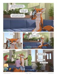 1boy adam_wan animal_genitalia anthro canid canine closer_(zaush) comic detailed_background dressing english_text fox fully_sheathed fur genitals hi_res jayden_coultier_(zaush) male male_only mammal nude orange_body orange_fur page_47 page_number phone_call plant sheath solo text zaush