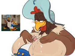 anatid anseriform anthro avian big_breasts bird bodily_fluids breast_play breasts chicken clara_cluck clothing cum cum_on_breasts disney donald_duck duck duo female galliform gallus_(genus) genital_fluids genitals half-closed_eyes hands_on_breasts hat headgear headwear larger_female male male/female narrowed_eyes paizuri penis phasianid precum screencap sex size_difference smaller_male vilya