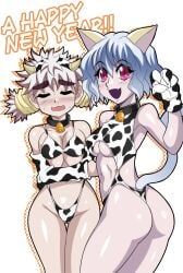 2girls animal_ears ass big_ass blind breasts cat_ears cat_girl cat_tail chimera_ant cow_bell cow_girl cow_horns cow_print cowboy_shot curvy duo female female_only highleg hoimin human humanoid hunter_x_hunter komugi large_breasts neferpitou nekomimi pale-skinned_female pale_skin presenting shounen_jump tagme tail thick_thighs villainess white_hair wide_hips