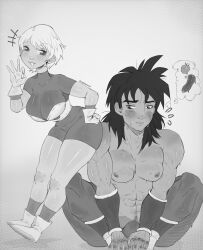 big_ass big_balls big_breasts big_penis black_hair broly broly_(dragon_ball_super) cheelai doujinpearl dragon_ball dragon_ball_super green_skin grey_background greyscale hard_on manga muscular_male precum sayian scars size_difference sweatdrop sweating tan_skin thick_ass thick_thighs white_hair