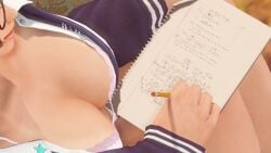 3d big_breasts black_hair book bra breasts cleavage dead_or_alive down_blouse female female_only glasses homework huge_breasts large_breasts light-skinned_female light_skin lingerie lips niarax nyotengu sitting studying underwear uniform viewed_from_above writing