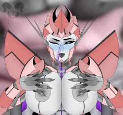 alien alien_girl big_breasts big_nipples blue_eyes boobjob breasts busty cum cum_on_face cybertronian fan_character grey_nipples huge_breasts megatron nipples one_eye_closed paizuri penis penis_between_breasts robot robot_girl robot_humanoid titjob transformers