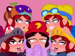 5girls blue_eyes brawl_stars dragon_knight_jessie_(brawl_stars) drooling heart_eyes jacksito_(artist) jessie_(brawl_stars) multiple_girls orange_eyes pink_background purple_penis red_dragon_jessie_(brawl_stars) red_eyes red_hair shadow_knight_jessie sucking summer_jessie_(brawl_stars) tanuki_jessie_(brawl_stars)