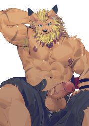 1boy abs animal_ears arm_behind_head armpit_hair armpits bara black_shorts blonde_hair blue_eyes brown_fur bulge digimon digimon_(species) erection feet_out_of_frame furry furry_male highres large_pectorals leomon lion_boy lion_ears looking_at_viewer male male_focus male_only mature_male muscular muscular_male navel nipples no_male_underwear pectorals penis scar scar_on_arm seato-hao short_hair shorts solo stomach thick_thighs thighs topless_male tusks uncensored unzipped veins veiny_penis