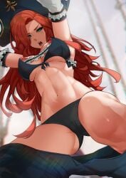 black_panties breasts from_behind green_eyes hat large_penis league_of_legends lingerie long_hair miss_fortune navel nipples panties pants pants_down pants_pull panty_pull pingkypen red_hair riot_games tagme