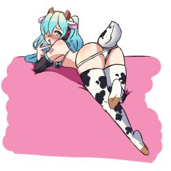 1girls ass blue_eyes blue_hair cow_swimsuit hatsune_miku heart-shaped_pupils horns horns_and_hooves panties socks suggestive_fluid tail teddybunny_bear vocaloid