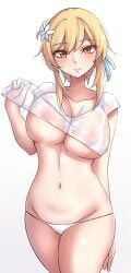 breasts genshin_impact large_breasts looking_at_viewer lumine_(genshin_impact) mistynight panties wet wet_clothes