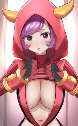 absurdres bangs blush breasts clothed clothed_female clothes_lift commentary_request courtney_(pokemon) creatures_(company) enishi96 eyelashes fake_horns female game_freak gloves hands_up highres hood hood_up horns looking_at_viewer nintendo open_mouth pokemon pokemon_(game) pokemon_oras purple_eyes purple_hair red_sweater ribbed_sweater shiny shiny_hair shiny_skin short_hair solo sweater sweater_lift swept_bangs upper_body