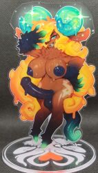 acrylic_(material) animal_genitalia animal_penis anthro blonde_hair bodily_fluids bovid breasts caprine claws dweller equine_penis fur futanari genitals green_eyes green_tongue hair hi_res hooves intersex long_hair mammal penis sparkles standee sweat tongue