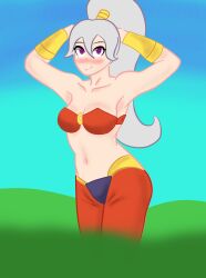 1girls ass breasts embarrassed fhs fhsz3r0 fnafhs fnafhs_z3ro fnafhsrule34 hands_behind_back hands_behind_head imjean13 long_hair mai_(fnafhs) ponytail purple_eyes shantae shantae_(cosplay) smooth_skin sole_female white_hair