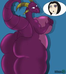 anthro ass bartok_the_magnificent big_ass big_breasts big_butt bodily_fluids breasts butt dat_ass don_bluth dragon female hand_on_breast horn huge_breasts human hypnosis ludmilla_(bartok) purple_body raikugan raised_tail sweat thick_thighs