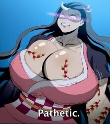 aged_up alternate_breast_size angry black_hair blue_background body_markings breasts cleavage demon_girl demon_slayer drawsputin fangs female female_only glowing_eyes hair_ribbon horn hyper hyper_breasts kamado_nezuko kimetsu_no_yaiba kimono long_hair meme no_bra obi open_kimono pathetic_(meme) solo text veins