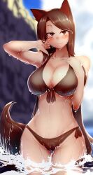 1girls beach big_breasts bikini blush breasts brown_hair dripping female kagerou_imaizumi mizuga outdoors outside solo solo_female swimsuit tagme touhou water wet