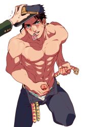 2boys body_offscreen condom condom_in_mouth joestar_birthmark jojo's_bizarre_adventure jotaro_kujo male_only muscular_male noriaki_kakyoin solo_male stardust_crusaders unzipped_pants weird_penis white_background